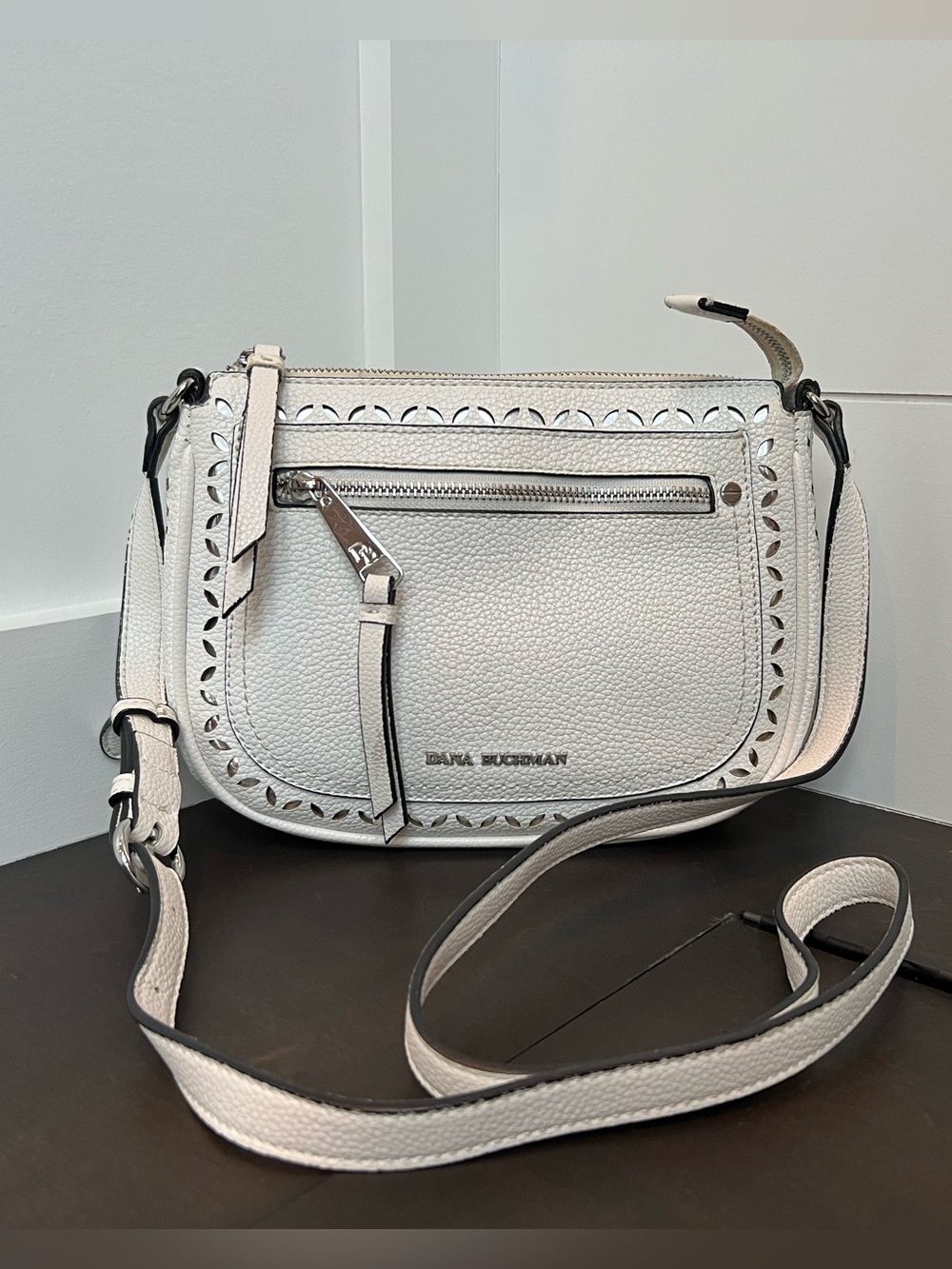 Dana Buchman Cream Pebbled Leather Crossbody with Laser-Cut Trim